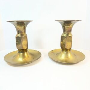 Vintage Brass Candlestick Holders Set of 2 Hexagon Stem Made in Taiwan Gold 5in